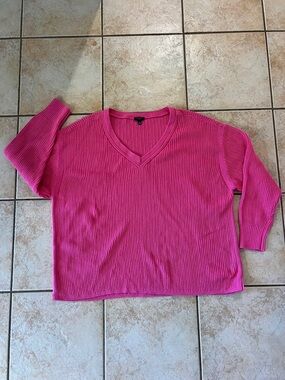 Talbots Plus Bright Pink V-Neck Long Sleeve Ribbed Pima Cotton Knit Top, Sz 3X